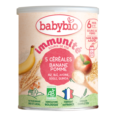 Babybio 5 Céréales Immunité Banane Pomme Riz Blé Avoine Seigle Quinoa 220g