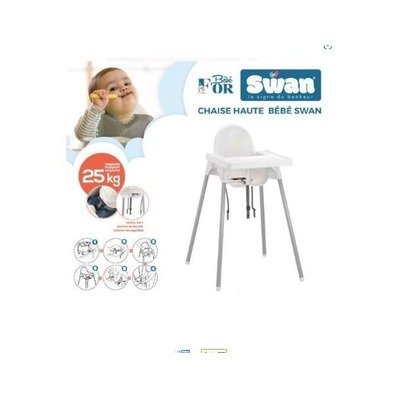 Chaise haute Swan avec tablette et ceinture, 25 kg, blanc