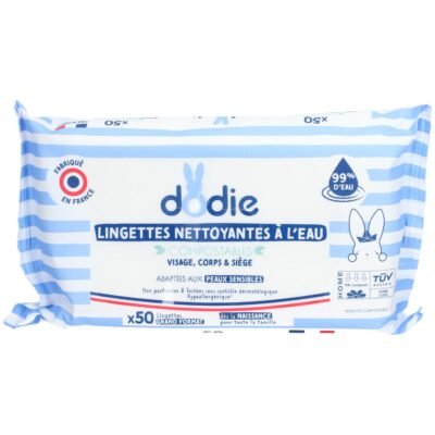 Dodie Lingettes Nettoyantes à l'Eau Compostables 50 Lingettes Grand Format