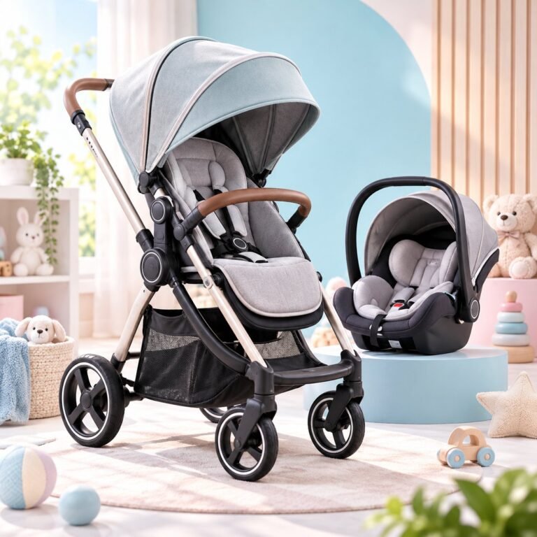 Poussette et siège auto bébé dans une chambre lumineuse